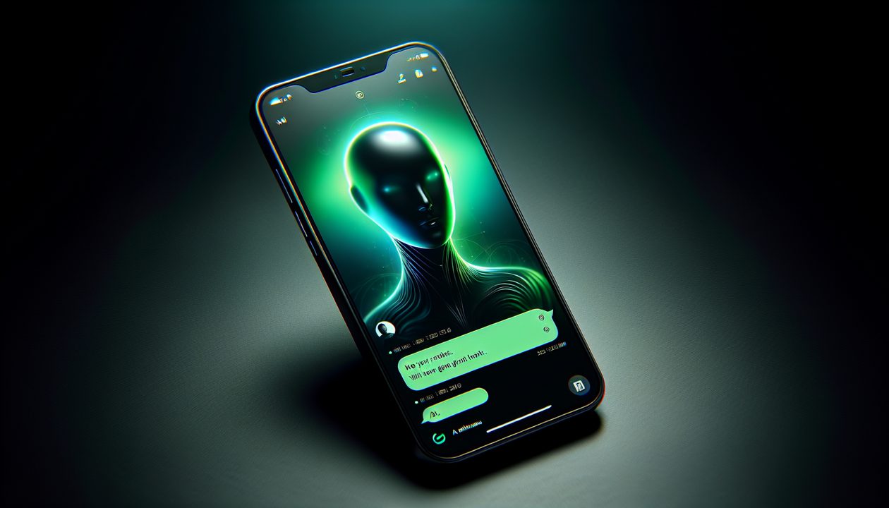 Tilted smartphone on a dark surface showing a neon green, futuristic avatar in a messaging app.