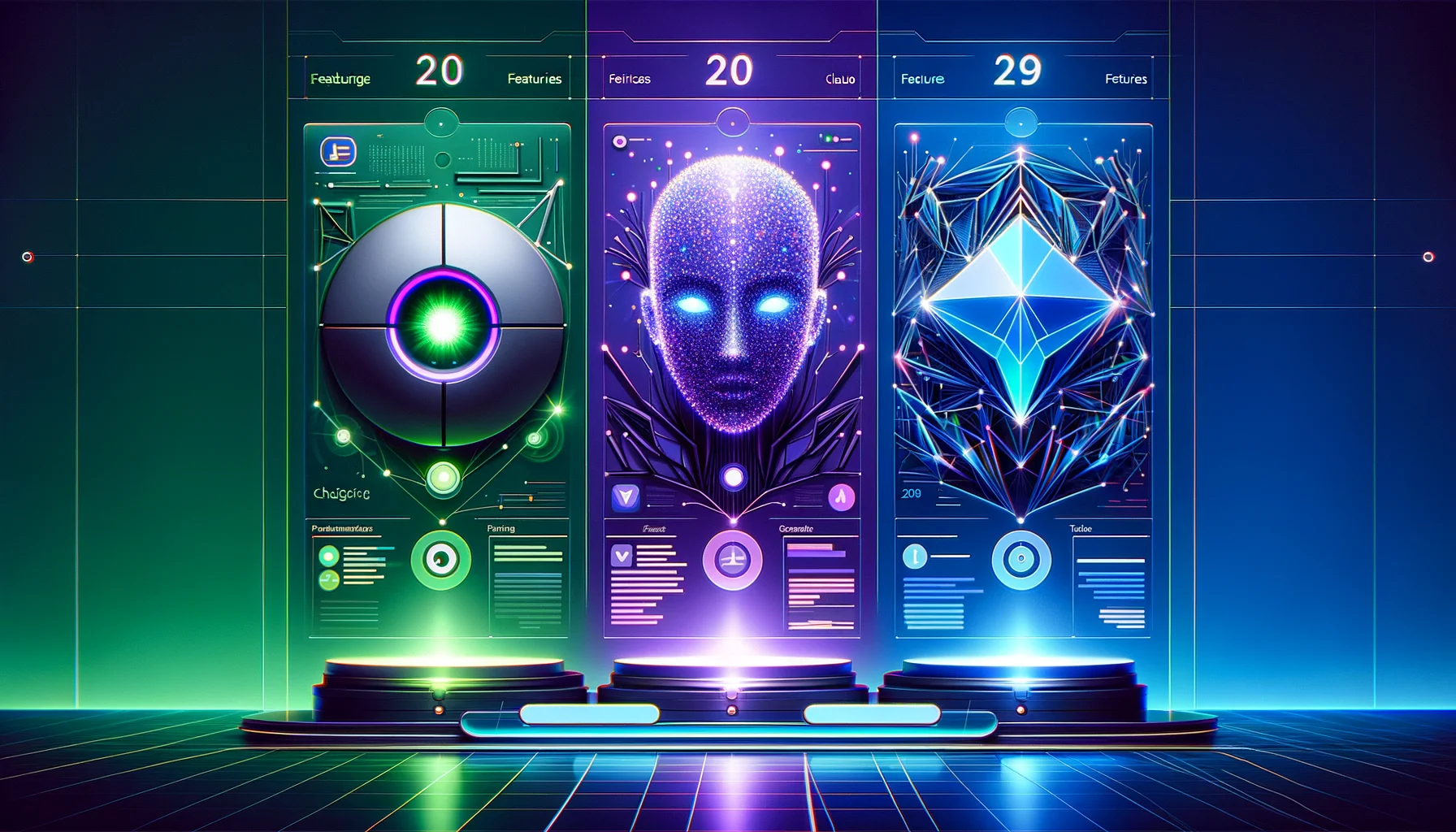 Futuristic digital control panel with three neon panels: a glowing circular device, a holographic humanoid head, and a geometric crystal, set on a neon grid.