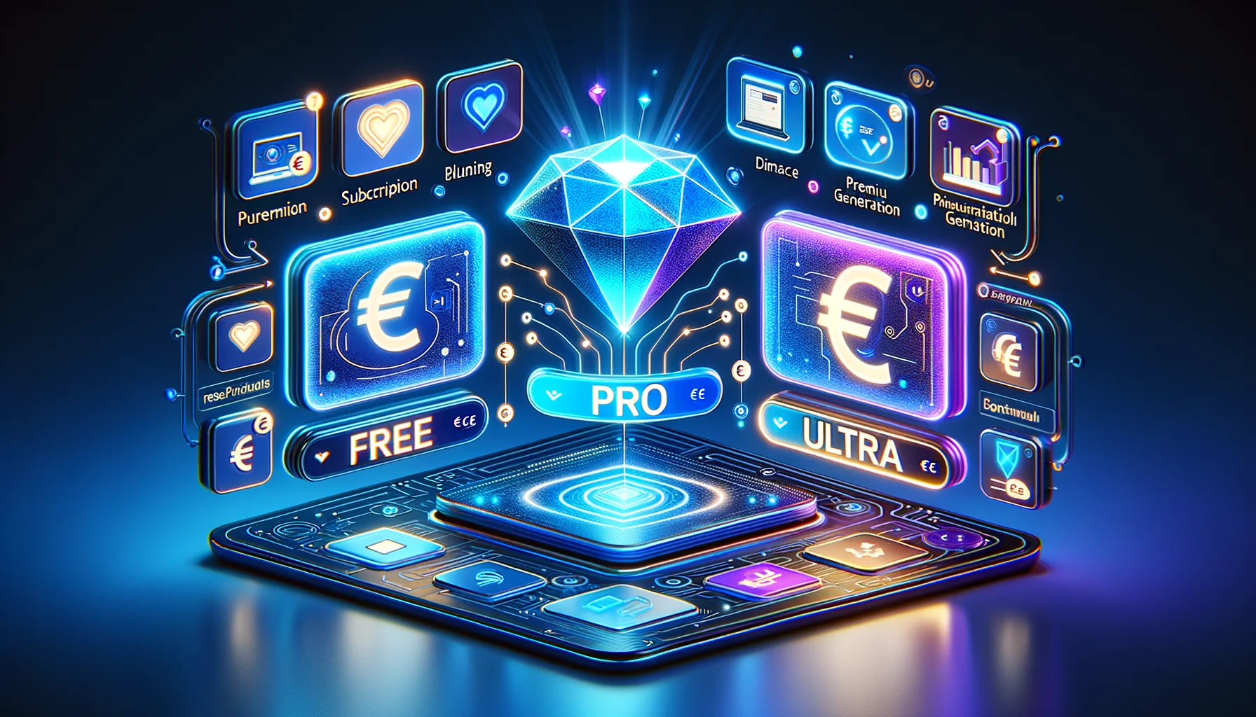 Futuristic digital finance hub with glowing euro icons and a central diamond above a mobile device, labeled PRO, FREE, ULTRA.
